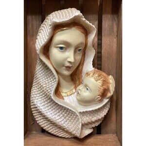 Vintage Plaster Chalkware Baby Jesus & Virgin Mary Wall Hangings Painted 6"